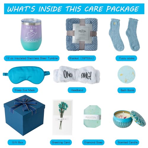 Blue Gift Basket for Women - Self Care Set with Blanket, Candle, Tumbler & More