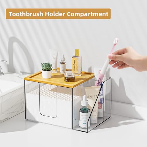 Upgrade Clear Acrylic Face Towel Holder Box with Toothbrush Storage - Modern Bathroom Organizer