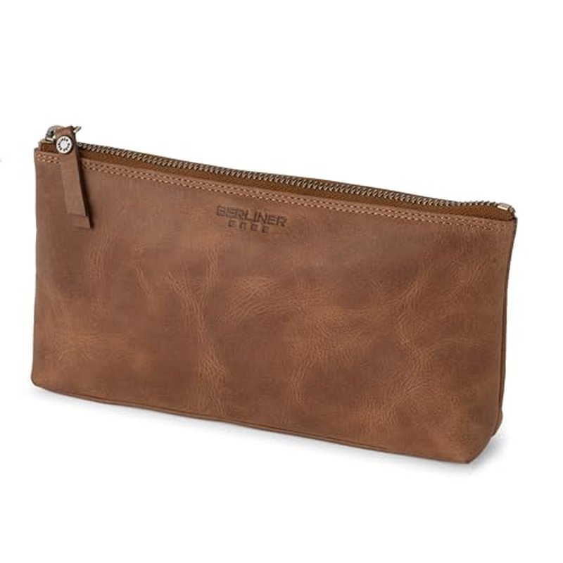 BERLINER BAGS Genuine Leather Makeup Bag Anna, Cosmetic Bag for Purse, Travel and Cosmetics Pouch with Zipper for Women (Camel, S)