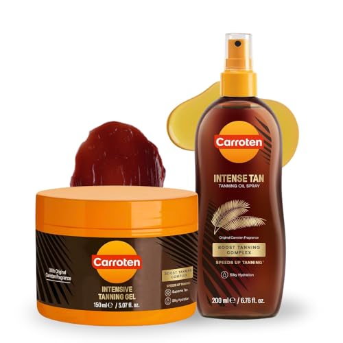 Carroten Intensive Tanning Gel + Oil Spray | Browning Tan Accelerator | Carrot & Coconut Oil | Vitamin A + E for Moisture & Hydration | Water-Resistant, Non-Greasy | Made in Greece | 6.7 oz + 5 oz