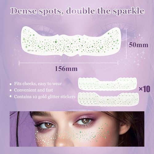 Wendy 10PCS Glitter Freckles Face Tattoo, Makeup Patches - Face Glitter Makeup Speckles, Waterproof Face Glitter Speckles Patches, Cute Glitter Makeup Accessories for Women(Green)