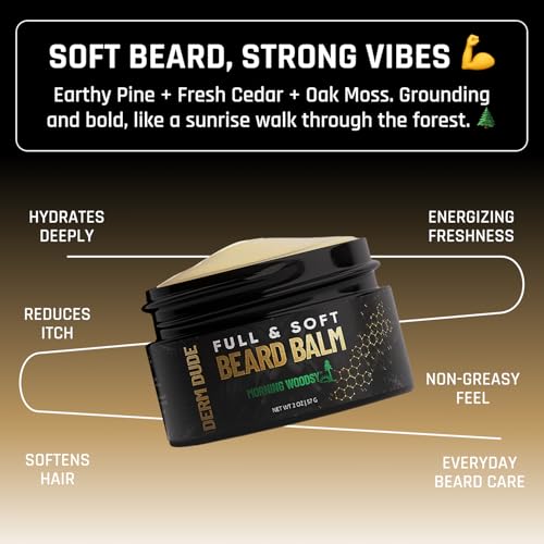Derm Dude Full and Soft Beard Balm, Styles and Strengthens Beard, Promotes Fuller Beard, Moisturizes and Soothes Beard, and Free Beard Comb, Morning Woodsy Scent, 2 Fl Oz, 2 Pack