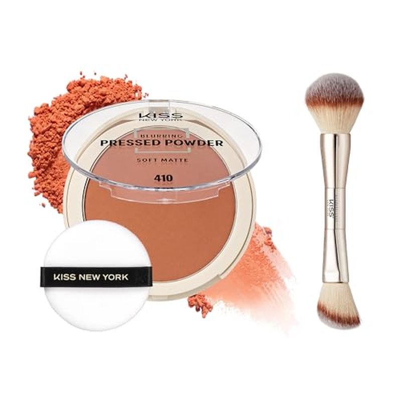 Kiss New York Soft Matte Pressed Powder (Deep Honey) With Dual Ended Powder Brush Set, Blurring Poreless Face Powder Makeup, Medium Coverage Setting Powder Infused with Salicylic Acid & Niacinamide