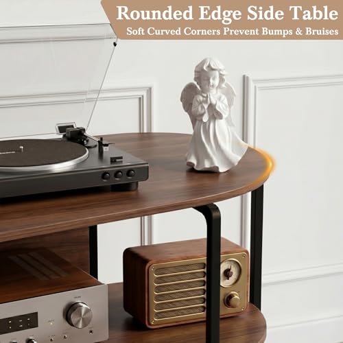 Vinyl Record Player Stand with Power Outlets - 28.3 Inch Walnut Mid Century Console with 3 Tiers