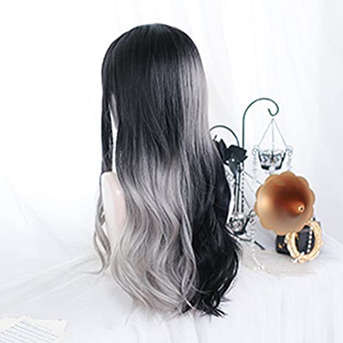 Osseoca Wavy Long Black & White Synthetic Hair Wig - Lolita Princess Style (Size 16)