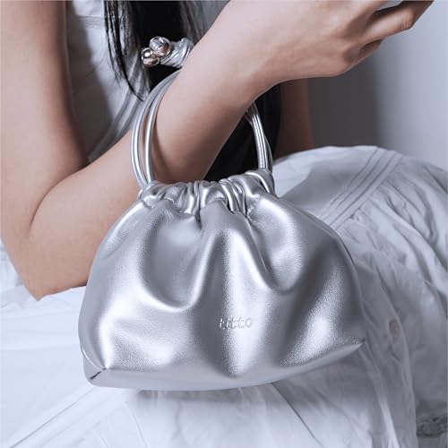 Metallic Silver Evening Clutch Bag for Women - Vegan Leather, Ruched Bridal Purse, Prom Party Organizer