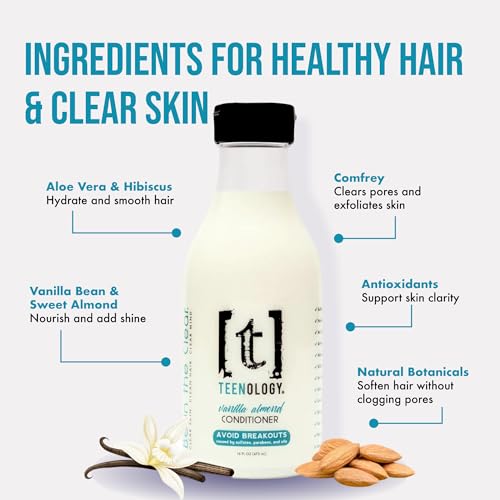 Teenology Teen Conditioner Vanilla Almond - Acne-Free, Sulfate & Paraben Free, Gentle Hair & Skin Care