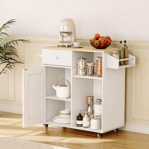 White & Natural Kitchen Island with Storage Drawer & Spice Rack - Mobile Kitchen Cart with Lockable Wheels
