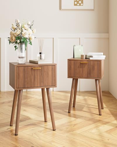 Walnut Modern Nightstand Set of 2 with Fluted Doors - Compact Bedroom Storage