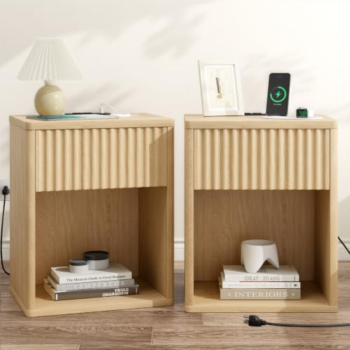 Oak Fluted Nightstands Set of 2 with Charging Station - Mid Century Modern Bedside Tables