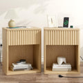 Oak Fluted Nightstands Set of 2 with Charging Station - Mid Century Modern Bedside Tables