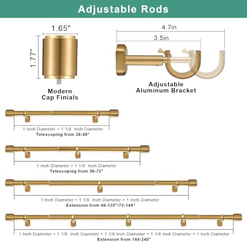 Heavy Duty Curtain Rods 1 1/8 Inch Diameter Extra Long 144-240 Inch - Warm Gold