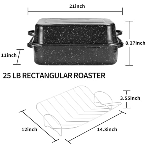 21-Inch Rectangular Roasting Pan with Lid and V-Shaped Rack for Turkey - 25lb Capacity