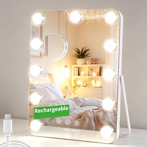 White Rechargeable Vanity Mirror with Lights, 14.6-Inch LED Makeup Mirror with Memory Function