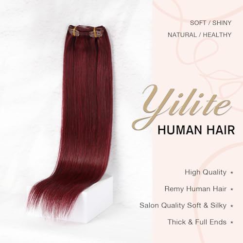 Clip In Hair Extensions Human Hair Burgundy 14 Inch 2.5 Ounce - Seamless & Full