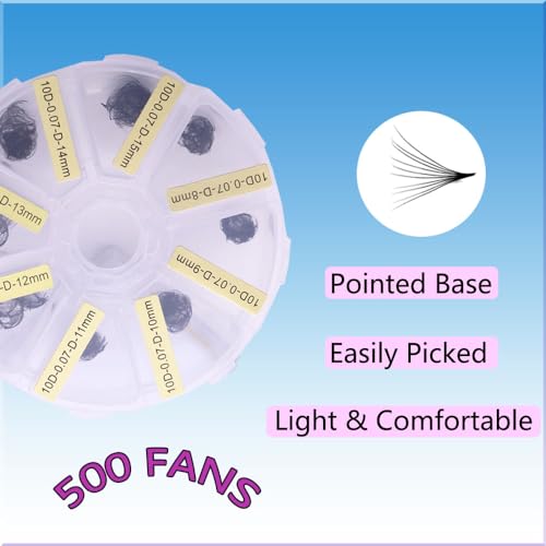 500 Wispy Premade fans 10D 0.07 Mixed Volume Eyelash Extensions Tray-20D Fans,D Curl Lash Fans, Pointed Handmade Loose Thin Base Fans (500 Count (Pack of 1), 10D 0.07 8-15mm)