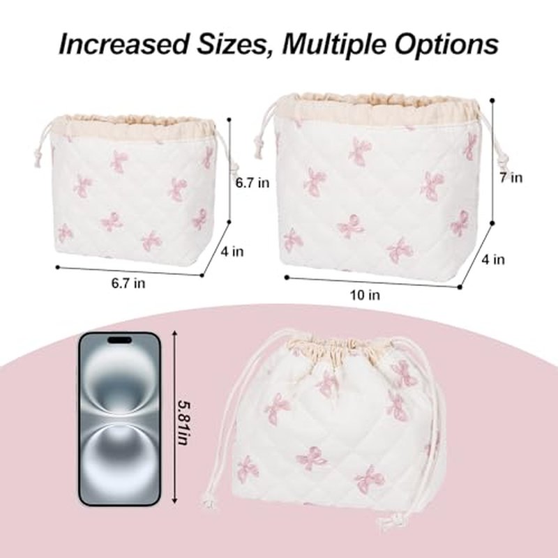 Drawstring Quilted Makeup Bag, Cosmetic Pouch, Coquette Cute Organizer, Small Make up Bag for Purse, Women's Portable Travel Cosmetic Bag