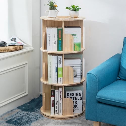 Heehee Wooden Rotating 3-Tier Bookshelf 37.8in Floor Display Rack with Pine Wood (Natural Finish)