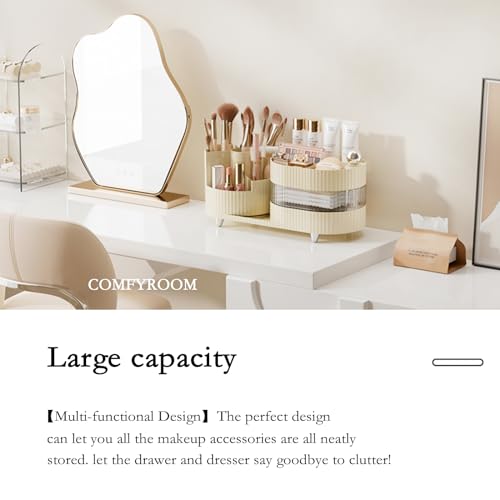 3 Layer Rotating Makeup Organizer with Drawer & Brush Holder - Ivory