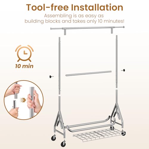 Heavy Duty Clothes Rack with Double Rods & Lockable Wheels - Silver, 560lbs Capacity