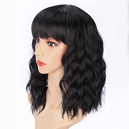 AISI HAIR Black Curly Bob Wig with Bangs, Synthetic Short Hair Extension
