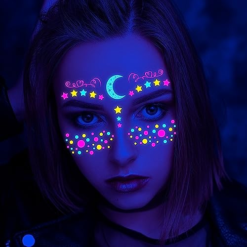 Neon Face Tattoos Glow in The Dark Temporary Tattoos,UV Blacklight Tattoos Stickers Body Face Flowers Butterfly Tattoo for Glow Party Makeup Supplies Favors
