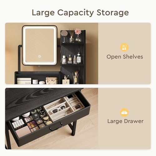 Black Makeup Vanity Desk with Mirror & LED Lights, Small Storage, Fabric Drawer - 23.6in