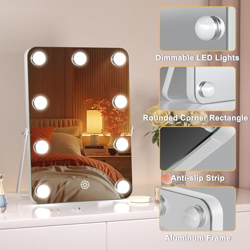 Hasipu LED Makeup Mirror with Bluetooth Speaker, 10.6" x 14" Hollywood Vanity Mirror with Lights, Rounded Rectangle White Frame, 3 Modes Light, Smart Touch Control Dimmable, 360¡ÆRotation