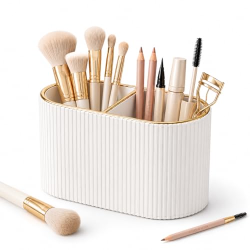 Cream White Makeup Brush Holder Organizer with 2 Slots - PU Leather Vanity Storage