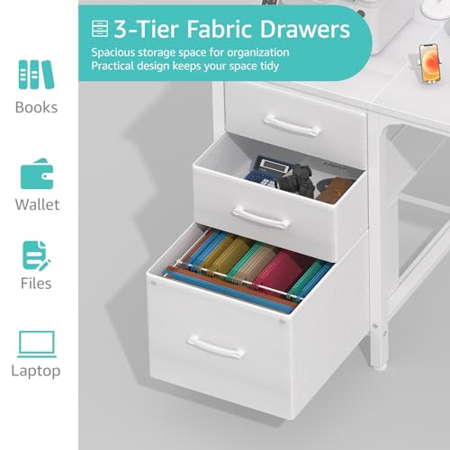 46.6-Inch White Reversible Computer Desk with File Cabinet for Home Office