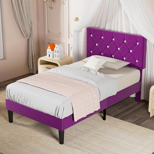 Purple Twin Size Bed Frame with Diamond Tufted Headboard - Upholstered Platform Bed with Wood Slats - No Box Spring Needed - Variation: Purple-1