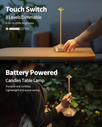 Cordless Gold Table Lamp Set of 2 - Portable LED Desk Lamps for Home & Office