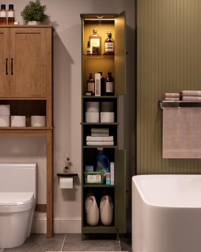 Tall Narrow Bathroom Storage Cabinet with Light - Forest Green, 11.8W x 11.8D x 66.9H