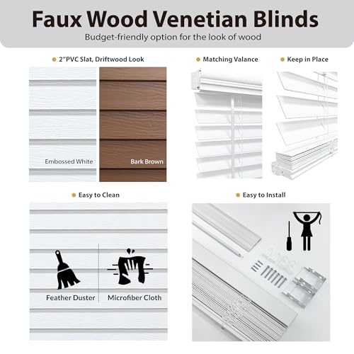 Cordless Faux Wood Window Blinds - Signature 2-Inch Slats, White, 70 x 48 Inches - Embossed Finish