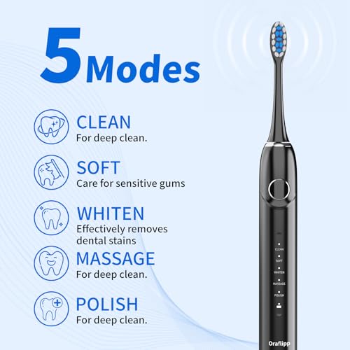 Electric Toothbrush Sonic Power 40,000 VPM 5 Modes Waterproof 30-Day Battery - Black