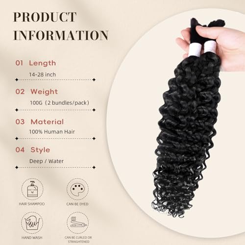 RIZZGYATT 24 Inch Water Wave Human Hair Extensions - No Weft, 2 Bundles, 15A Brazilian Virgin Boho Hair #1B