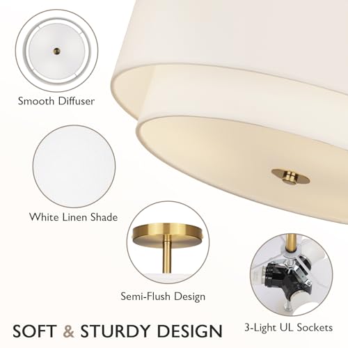 Gold 16-Inch Dual Drum Ceiling Light Fixture with White Fabric Shades