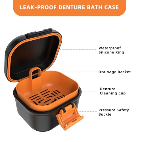 ARGOMAX Denture Bath Cup with Strainer & Storage - Black Shell + Orange Variation