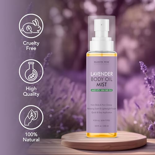 Majestic Pure Lavender Oil Body Mist- 100% Pure & Natural - After Shower Body Oils for Women and Men - Scented, Radiant, Skin Therapy Firming Massage Oil - 6.8 Fl Oz