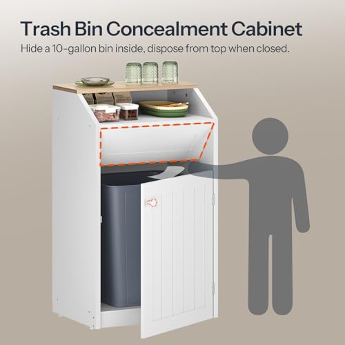 White Freestanding Trash Cabinet with Flip Door - 10 Gallon Hidden Kitchen Garbage Can - YATINEY