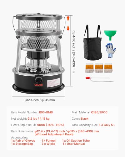 VEVOR 9000 BTU Portable Kerosene Heater & Stove - Indoor Outdoor 2-in-1 Space Heater with Adjustable Height, Flame Control, Easy Storage