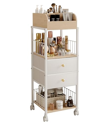 White Floor Makeup Organizer with Drawers and Rolling Casters - ZQUYAJ HZG2402