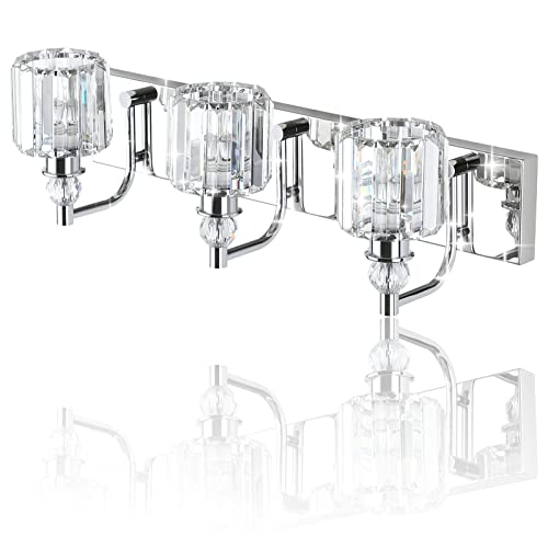 Chrome 24 Inch Crystal Vanity Light Fixture - Modern 3-Light Bathroom Wall Lamp