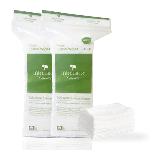 Intrinsics Large 4x4 Cotton Squares 2 Pack (400 Count) | 4-Ply Cotton Pads for Face & Makeup Removal | Lint-Free Facial Cleansing Pads & Face Pads for Toner | Hypoallergenic and 100% Pure Cotton