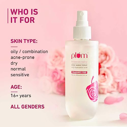 Plum Bulgarian Valley Rose Water Toner |with Hyaluronic Acid & Rose Extracts|100% Natural Rose Fragrance|Soothing and Pore Tightening | Balances Ph Levels (200 Ml (Pack of 1) Colourless)