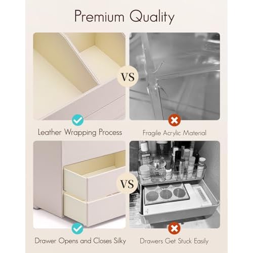 Vlando Makeup Organizer,Skincare Organizer for Vanity£¬PU Leather Make up Organizer with Drawers Cosmetic Display Case for Countertop,Perfume,Gifts Ideas for Women (Apricot White)