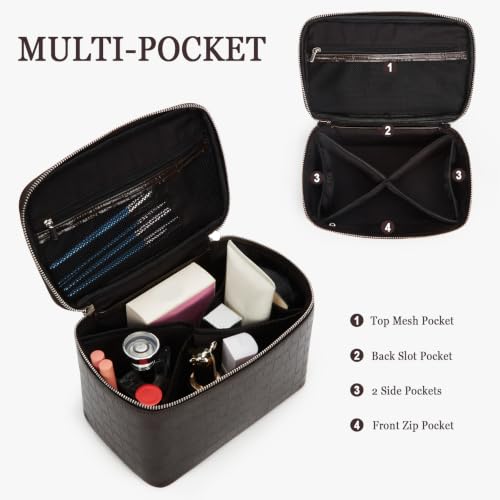 HiTotes Travel Makeup Bag Vanity Case for Women - Crocodile Leather, Coffee