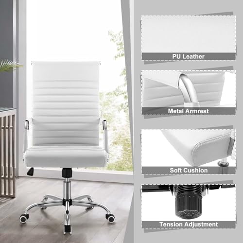 White Mid-Back Office Chair with 360° Swivel & Height Adjustment
