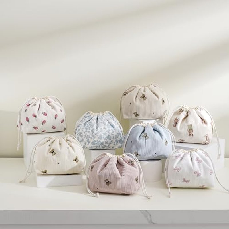 Aesthetic Corduroy Drawstring Makeup Bag, Cute Coquette Drawstring Cosmetic Bag with Canvas Lining, Bear Pattern Travel Makeup Organizer Case for Women Girls (04 Light Taupe)