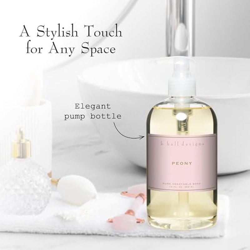 K. Hall Designs Peony Liquid Hand Soap, Delicate Peony Scent with Watery Notes, Natural Liquid Soap for Bathroom & Kitchen, Plant-Based Formula, 12 fl oz